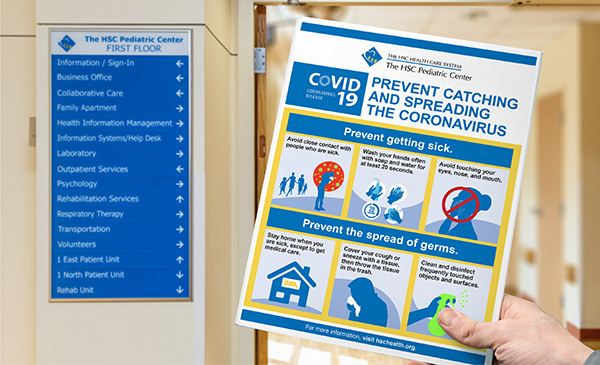 COVID-19 prevention and awareness flyer produced and designed by IQ Solutions for HSC Healthcare System