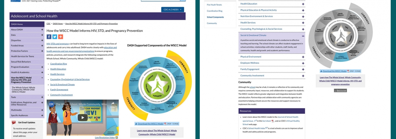 images of two pages from the CDC website that feature information about the WSCC model.