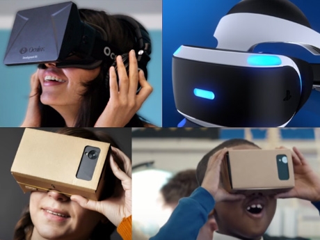 An image collage of four photos of people wearing VR headsets.