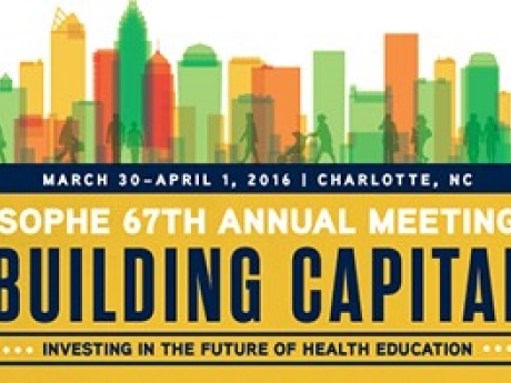 A graphic announcing the SOPHE 67th annual meeting, Building Capital, investing in the future of health education. March 30 - April 1 2016. Charlotte, NC.